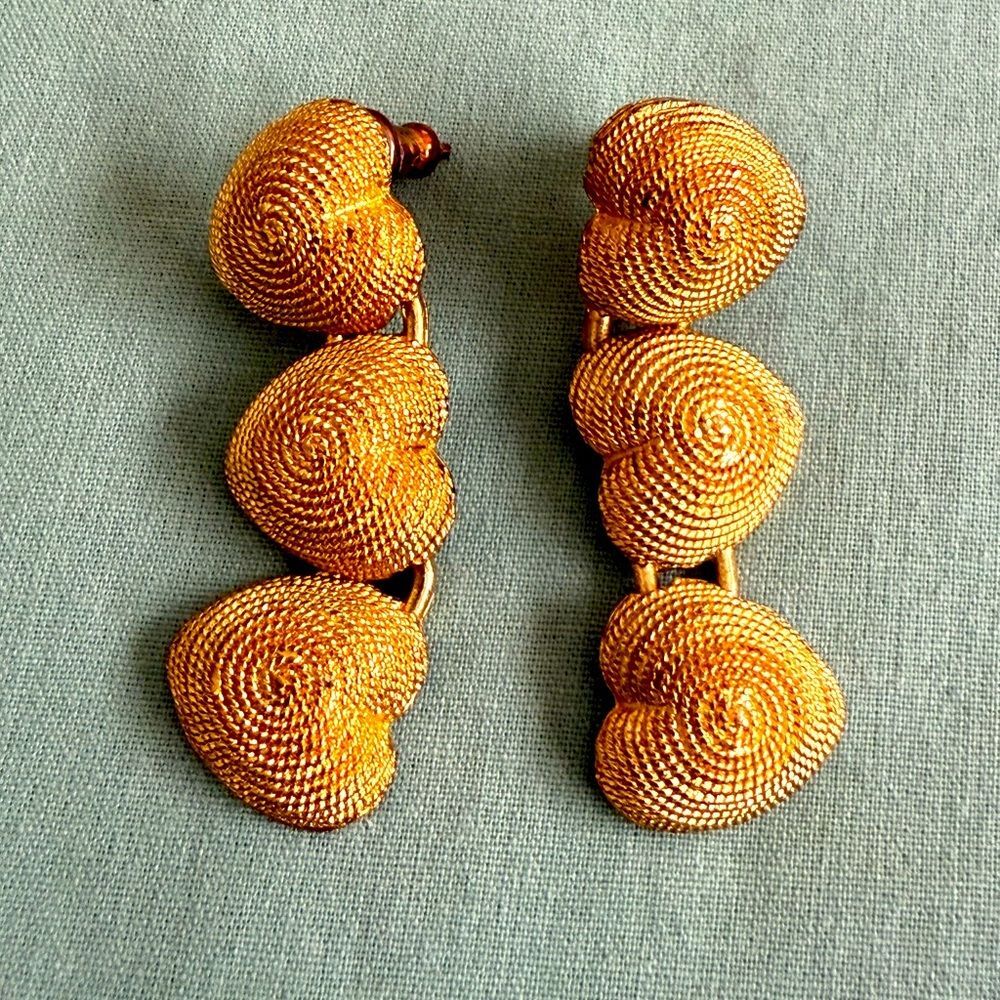 Vintage Triple Heart Drop Earrings in Textured Gold